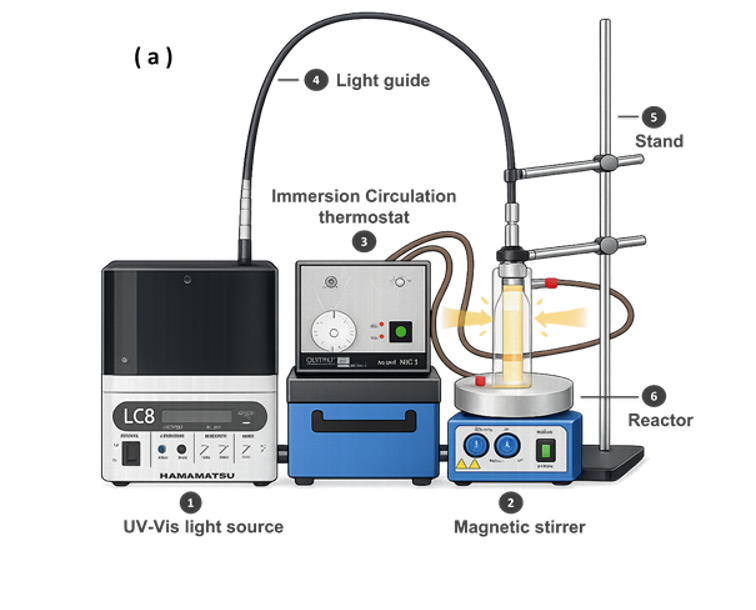 Montage expérimental de photocatalyse avec source lumineuse, thermostat, agitateur et réacteur